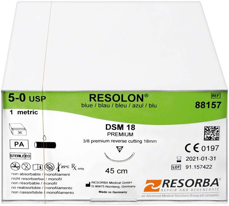 RESORBA® RESOLON® Nahtmaterial in blauer Farbe, Packung mit 5/0 Stärke.