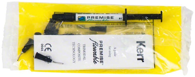 Premise™ Flowable Spritze A1 in gelber Verpackung mit Produktinformationen.