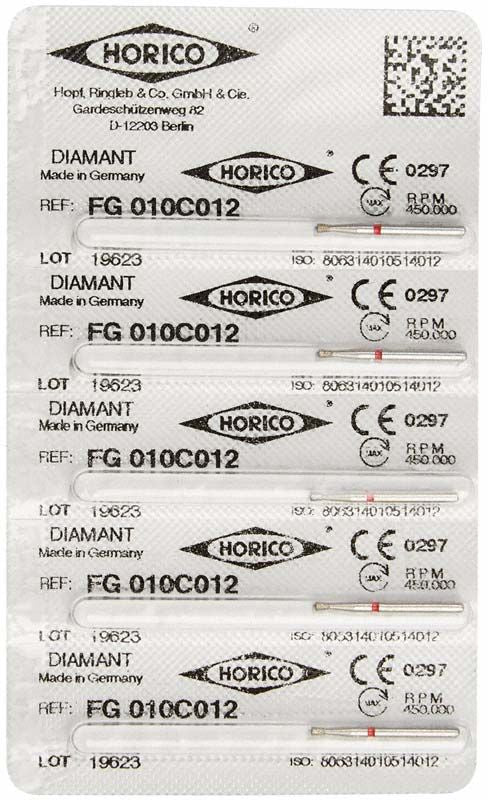 Blisterpackung mit fünf Diamant-FG 010C 012 Dentalinstrumenten.