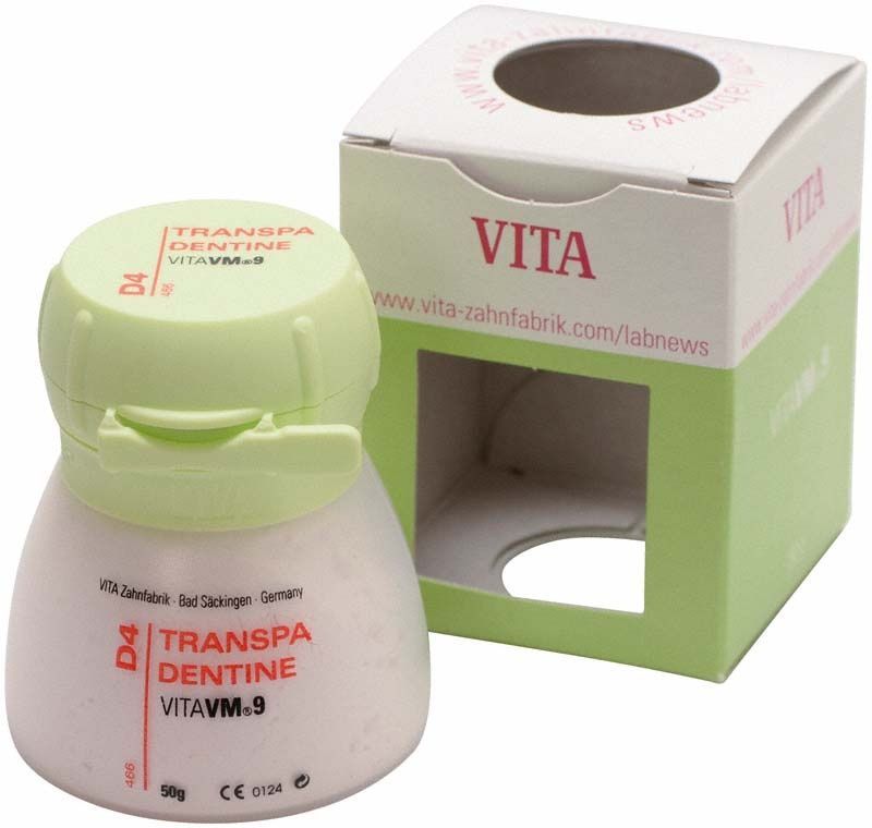 Kunststoffbehälter mit VM9 Classical Transpa Dentin 50g D4 Pulver.