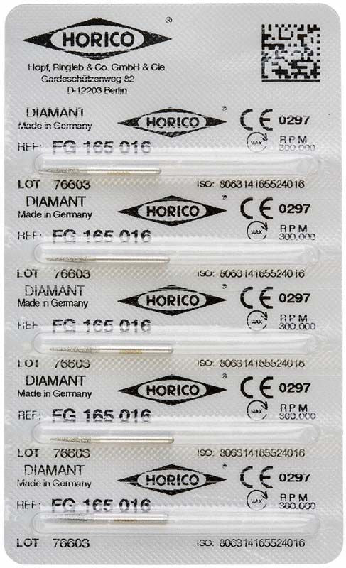 Blisterpackung mit fünf Diamant-Instrumenten FG 165 016 von Horico.