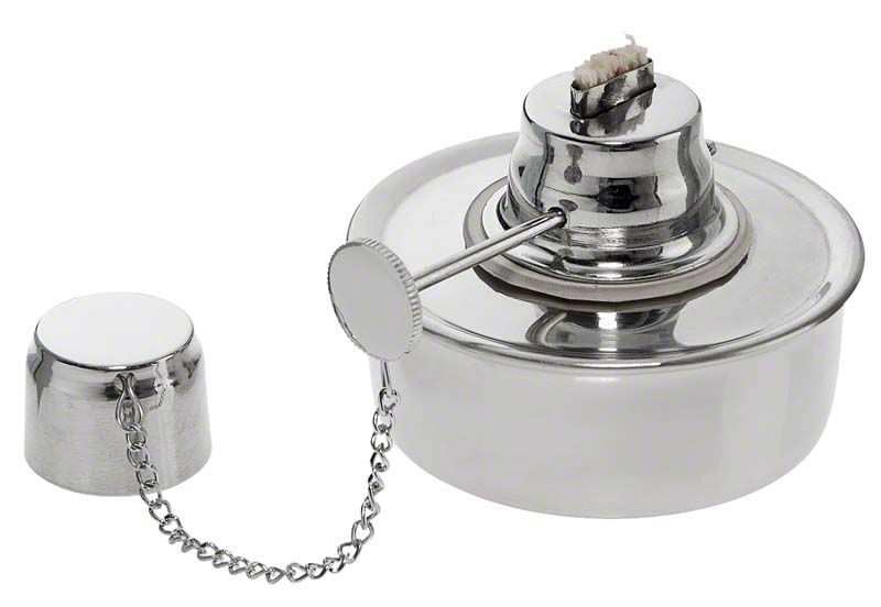 Hochwertige Spirituslampe aus Metall mit Schraubverschluss und regelbarem Docht.