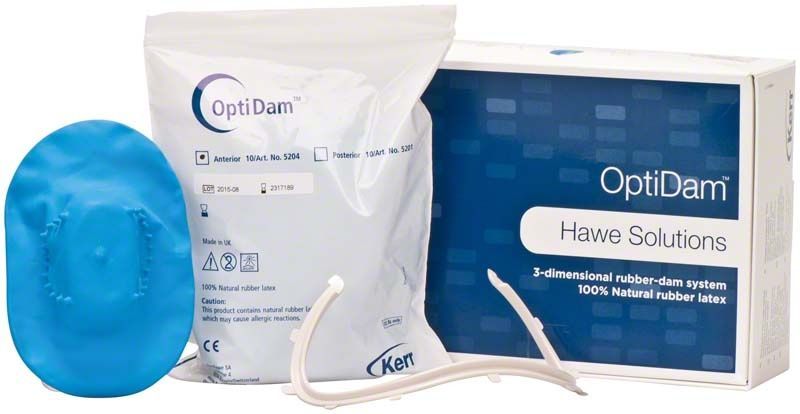Optidam Anterior Intro Kit mit Verpackung, blauer Kofferdam und Halterung.