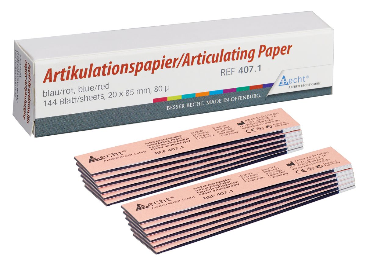 Artikulationspapier blau/rot von Medic-Star, 144 Blätter, 80 µm.