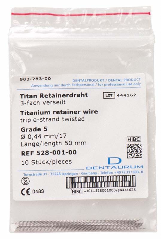 Titan Retainerdraht Grade 5, dreifach verseilt, in Verpackung.