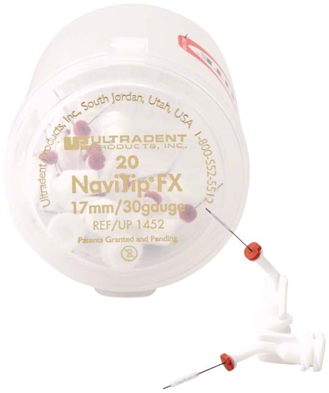 NaviTip FX Applikatoren, 30ga, 17mm, in weißer Verpackung mit Applikatorspitze.