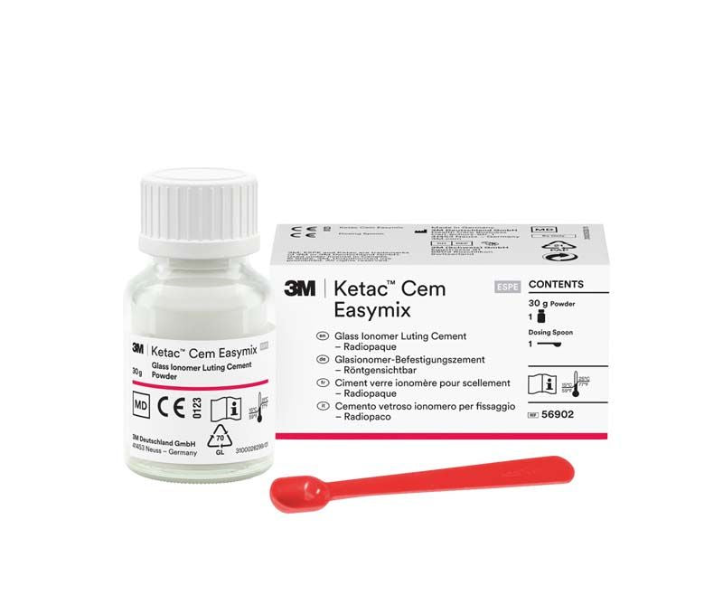 Glasionomer-Befestigungszement Ketac™ Cem Easymix Pulver mit rotem Dosierlöffel.