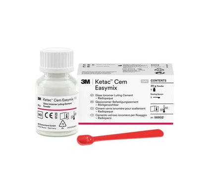 Glasionomer-Befestigungszement Ketac™ Cem Easymix Pulver mit rotem Dosierlöffel.