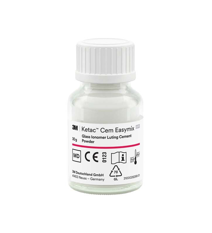 Ketac™ Cem Easymix Pulver in Glasflasche mit Etikett und Dosierungsinformationen.
