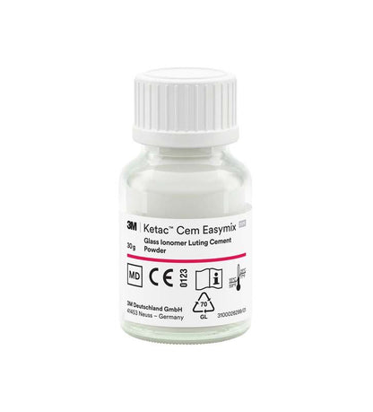 Ketac™ Cem Easymix Pulver in Glasflasche mit Etikett und Dosierungsinformationen.