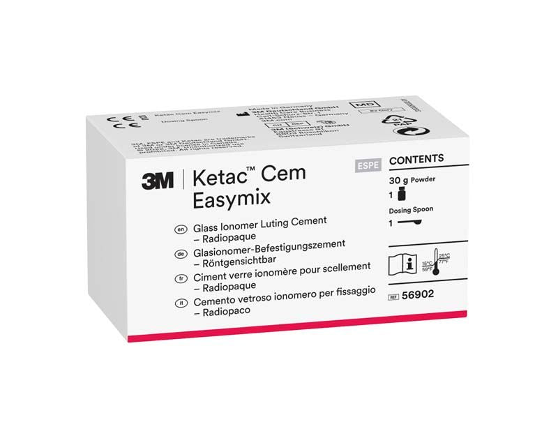 Ketac™ Cem Easymix Pulver Verpackung mit Inhaltsangaben und Dosieranleitung.