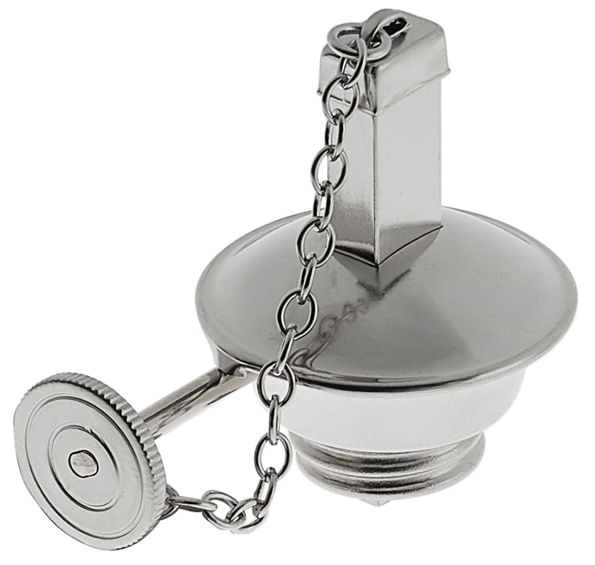 Schraubverschluss aus Metall für Spirituslampe mit Kette und Schutzkappe.