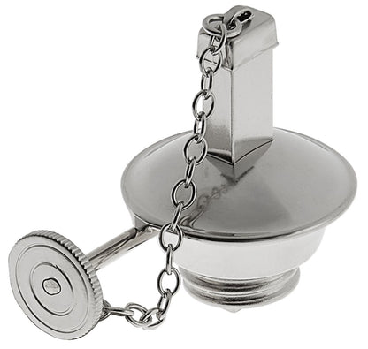 Schraubverschluss aus Metall für Spirituslampe mit Kette und Schutzkappe.
