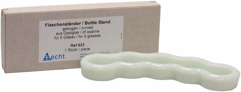 Flaschenständer aus gebogenem Opalglas für 5 Dappen-/Kappengläser vor Verpackung.