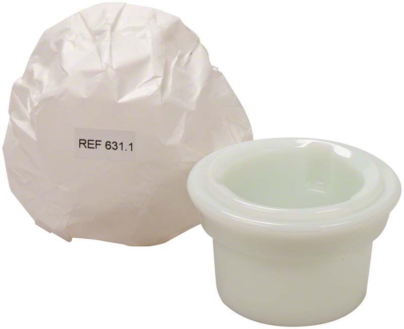 Klein-Fräsator Unterteil aus weißem Kunststoff mit Verpackung.