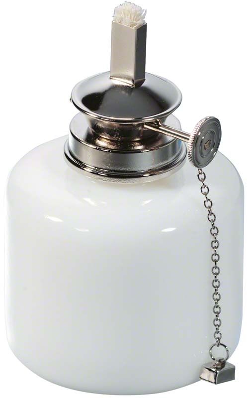 Spirituslampe aus Opalglas mit 100ml Fassungsvermögen und Metallverschluss.