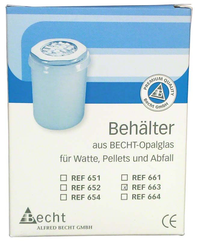 Abfallbehälter aus Opalglas mit Sternlochdeckel auf Verpackung.