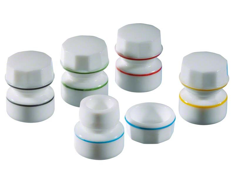 Medikamentengläser aus Simplex-Opalglas mit farbiger Beringung.