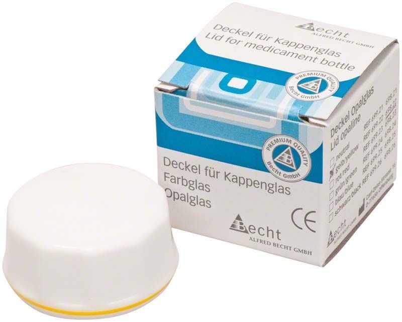 Kappenglasdeckel aus Opalglas mit gelbem Ring und Verpackung.