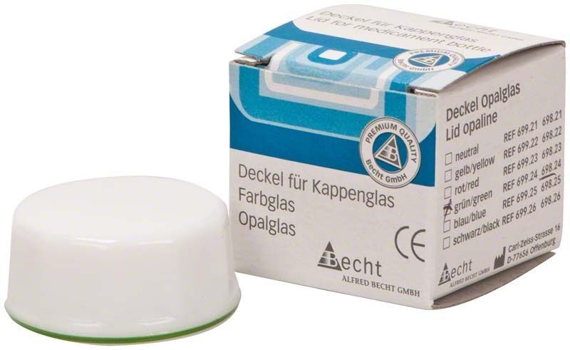 Kappenglasdeckel aus Opalglas mit grünem Ring und Verpackung.
