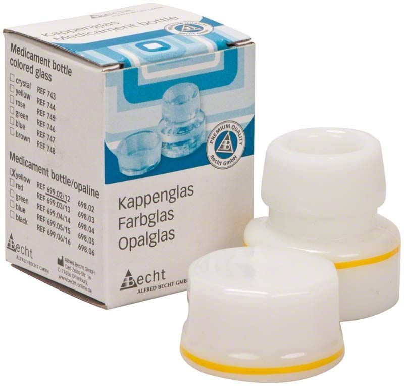 Kappenglas Opalglas mit gelbem Ring und Verpackung im Hintergrund.