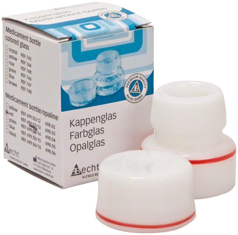 Kappenglas aus Opalglas mit rotem Ring vor Verpackung.