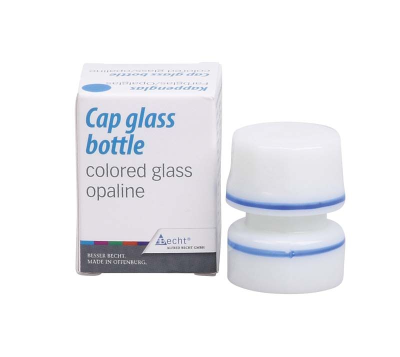 Kappenglas aus Opalglas mit blauem Ring neben Verpackung.