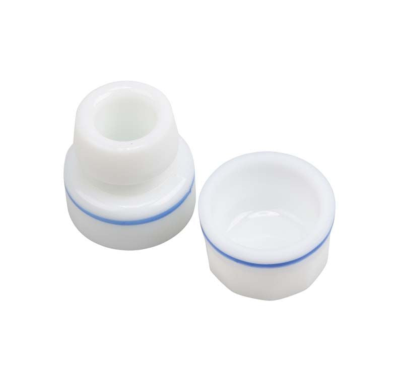 Kappenglas aus Opalglas mit blauem Ring, von oben und seitlich gezeigt.