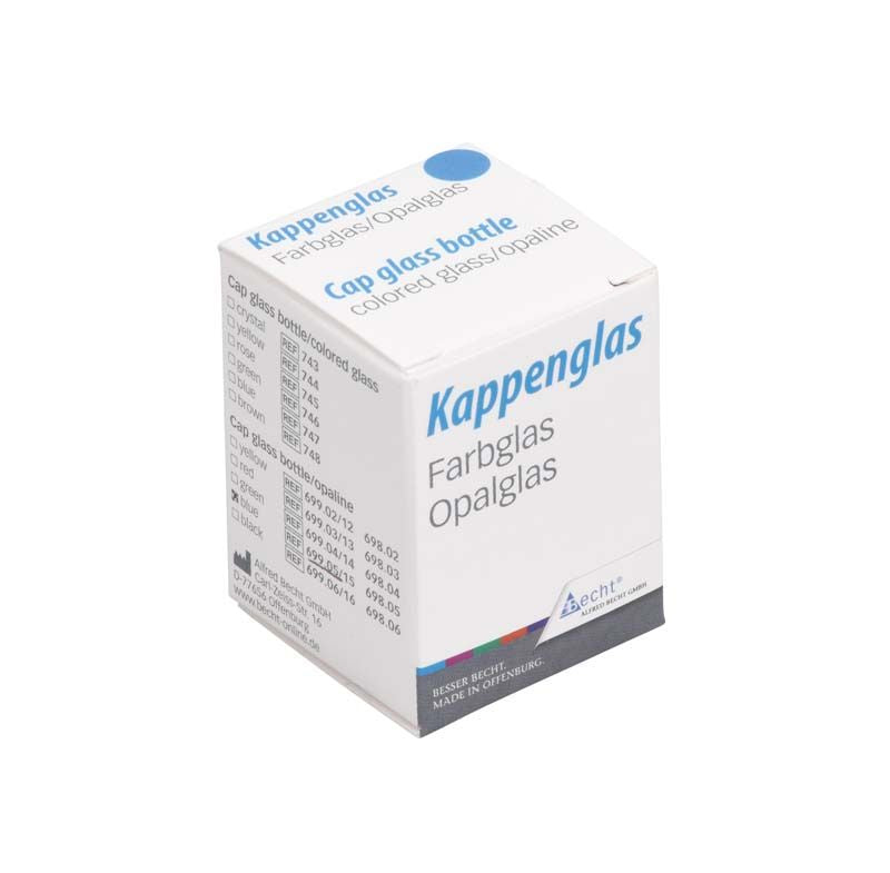 Kartonverpackung des Kappenglases aus Opalglas mit blauem Ring.