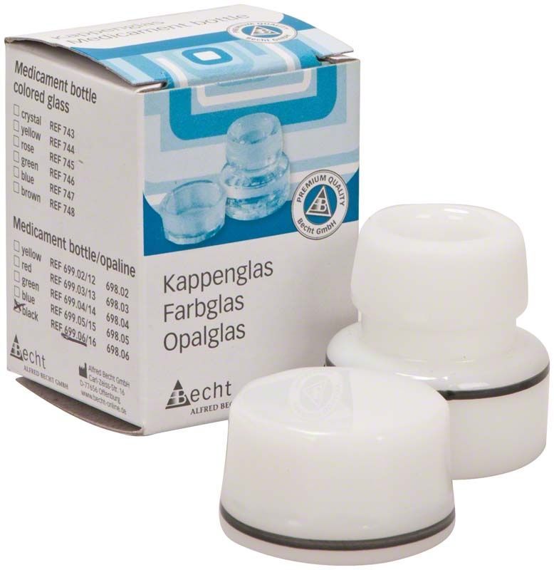 Kappenglas aus Opalglas mit schwarzem Ring, Produktverpackung im Hintergrund.