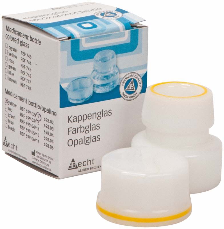 Kappenglas aus Opalglas mit gelbem Ring, neben Verpackung.