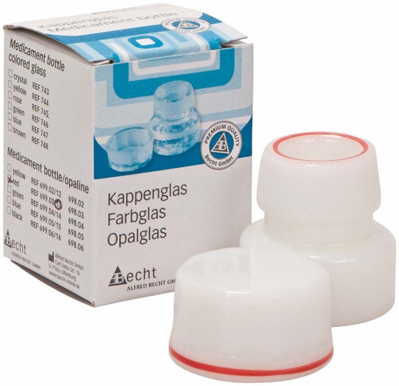 Kappenglas aus Opalglas mit rotem Ring, Verpackung im Hintergrund.