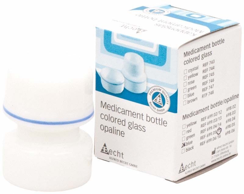 Kappenglas aus Opalglas mit blauem Ring und Verpackung.