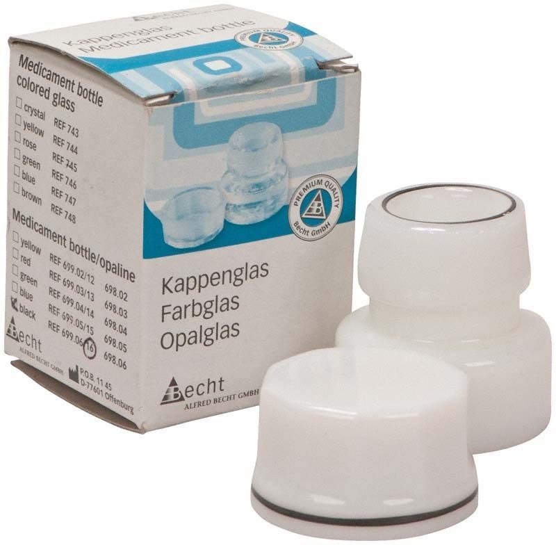 Kappenglas aus Opalglas mit schwarzem Ring und Verpackung.