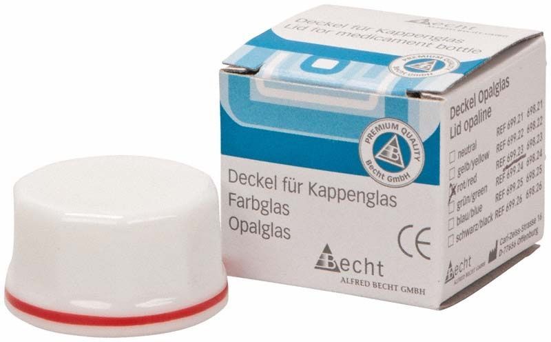 Kappenglasdeckel aus Opalglas mit rotem Ring vor Verpackung.