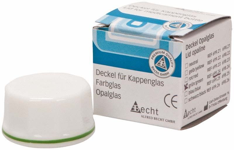 Deckel aus Opalglas mit grünem Ring neben Verpackung.