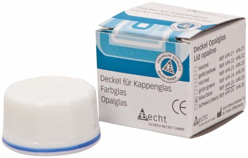 Deckel aus Opalglas mit blauem Ring und passender Verpackung.