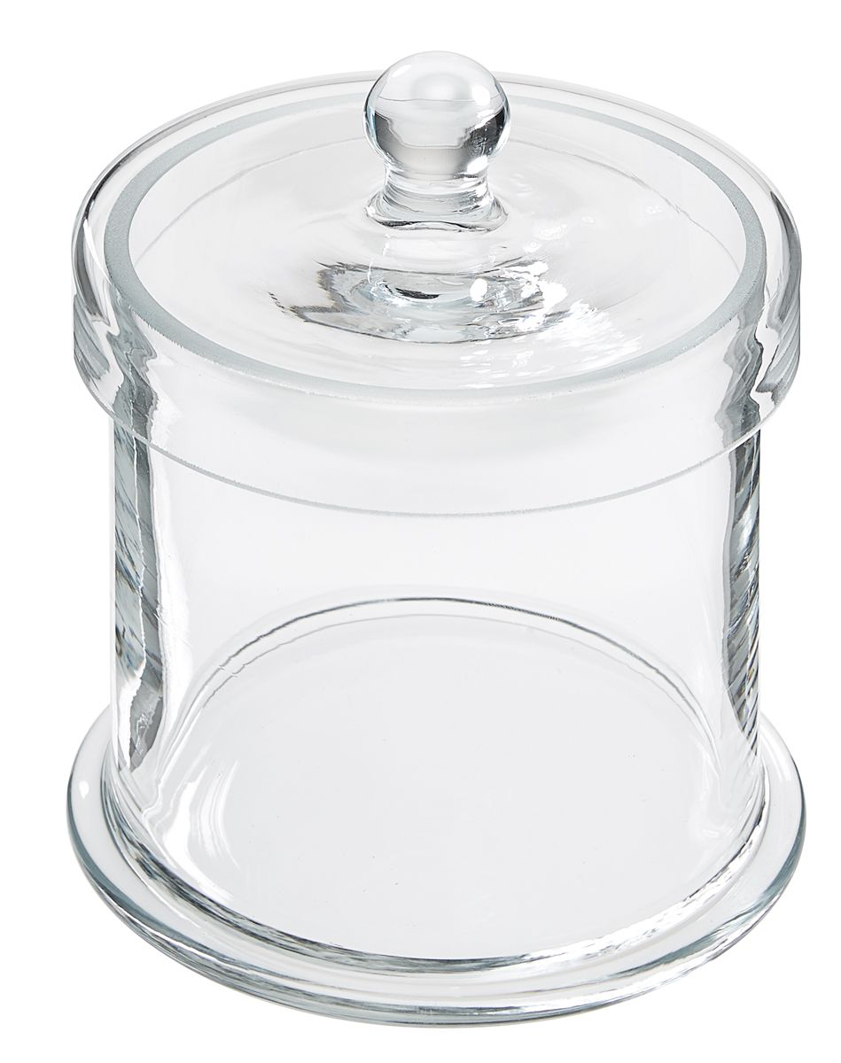 Autoklavierbares Watteglas aus Klarglas mit praktischem Überfalldeckel.