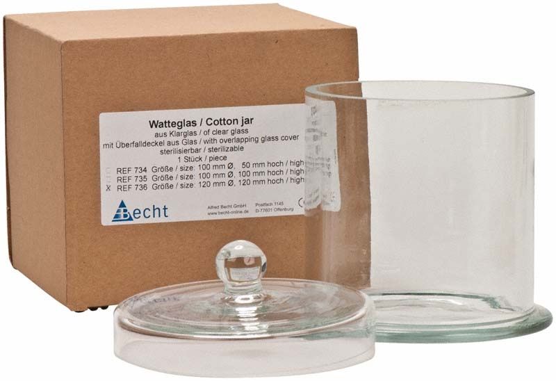 Watteglas mit Überfalldeckel, Durchmesser 120mm, Höhe 120mm, neben Verpackung.