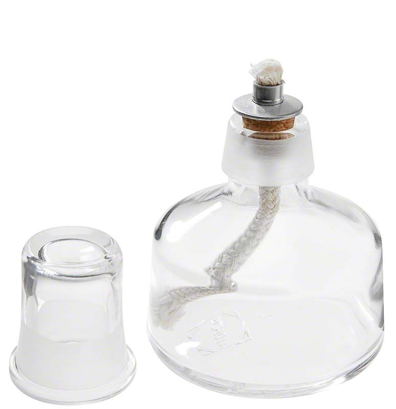 Spirituslampe aus Klarglas mit aufgeschliffener Kappe und Docht.