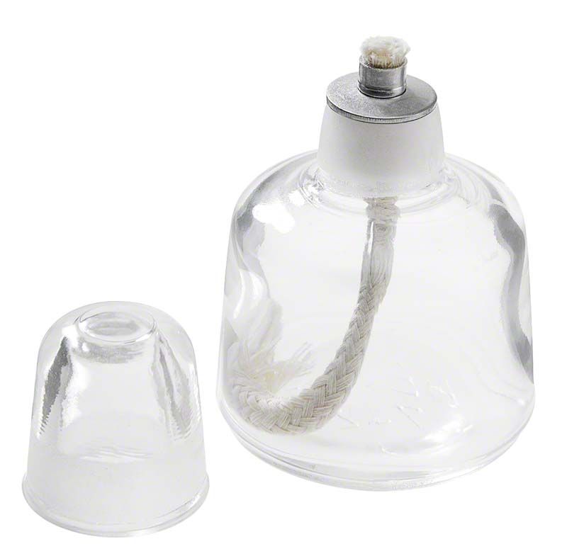 Hochwertige Spirituslampe aus Klarglas mit abnehmbarer Kappe und Docht.