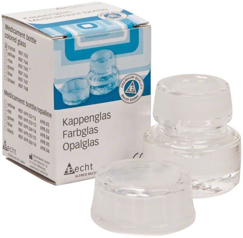 Kappenglas Buntglas klar vor Verpackung mit blauer Farbmarkierung.