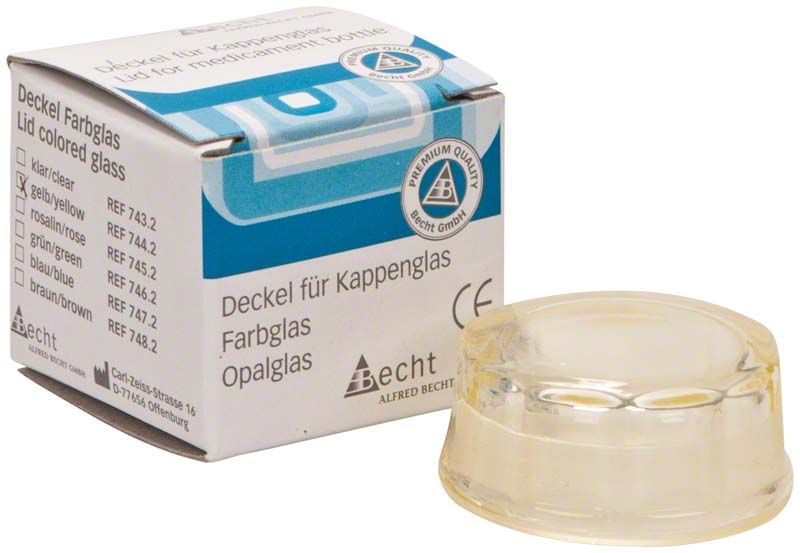 Kappenglasdeckel Buntglas gelb neben Verpackung von Alfred Becht.