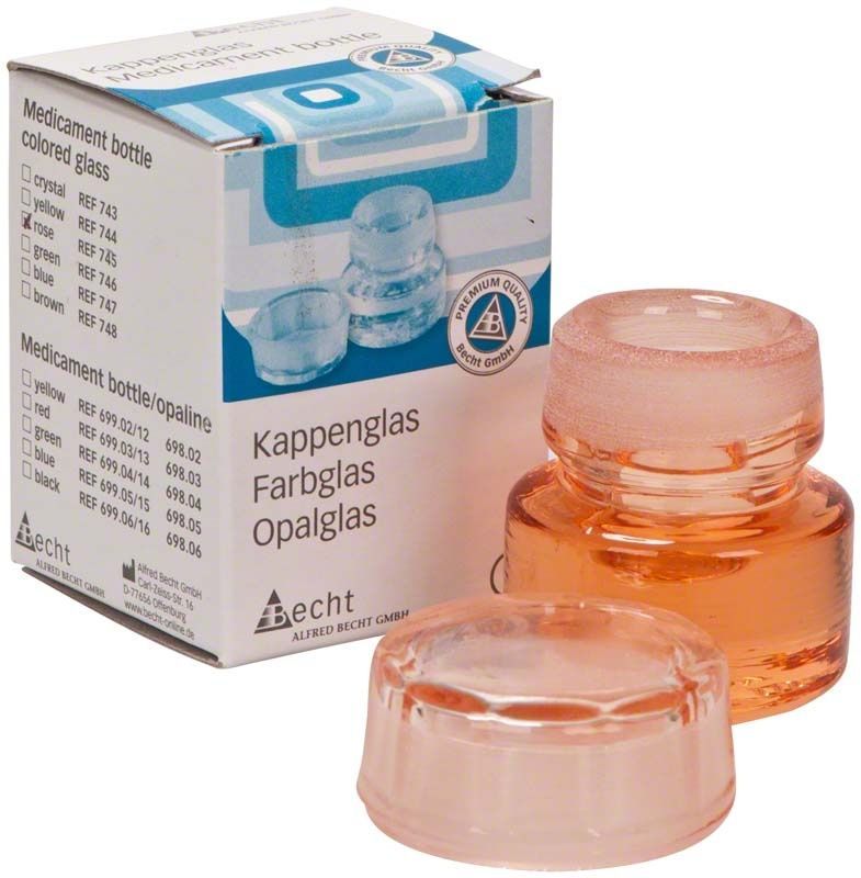 Kappenglas Buntglas rosalin mit Verpackung im Hintergrund.