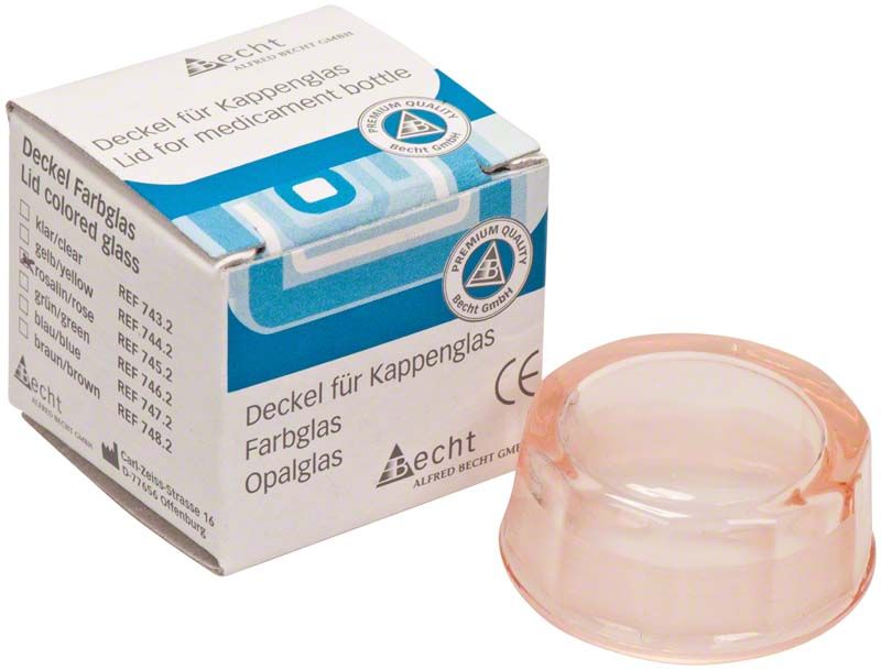 Kappenglasdeckel aus rosalinfarbenem Buntglas neben Verpackung.