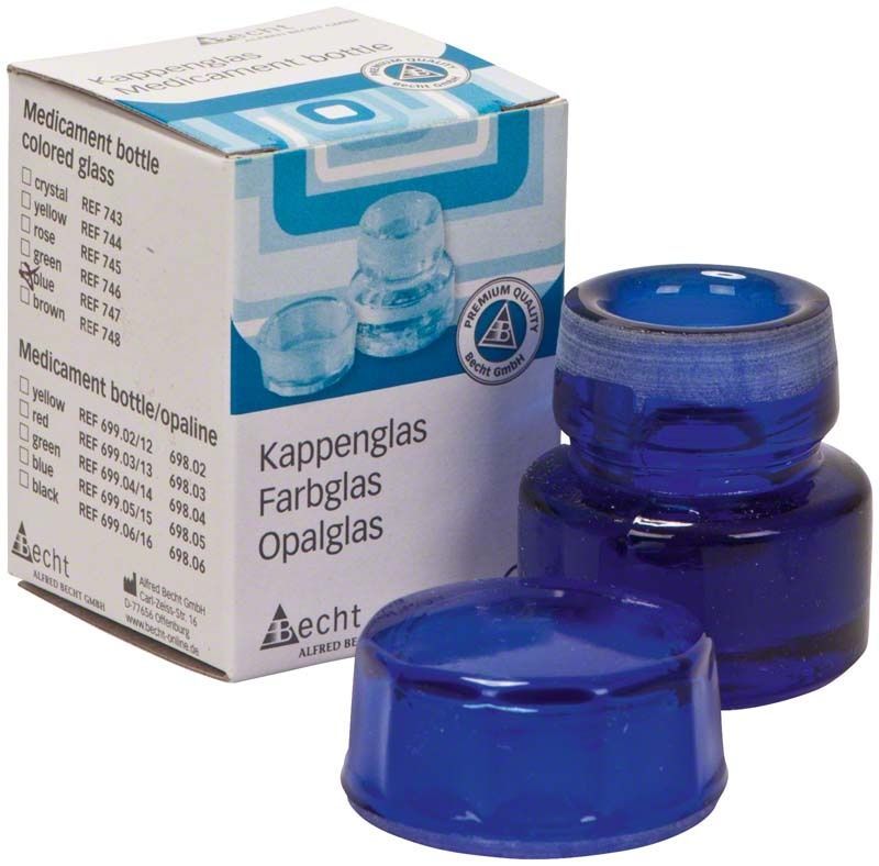 Kappenglas Buntglas blau mit griffsicherem Deckel und Verpackung.