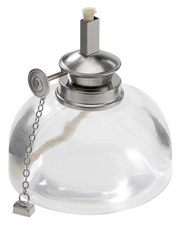 Spirituslampe aus Klarglas mit regelbarem Docht und Schraubverschluss.