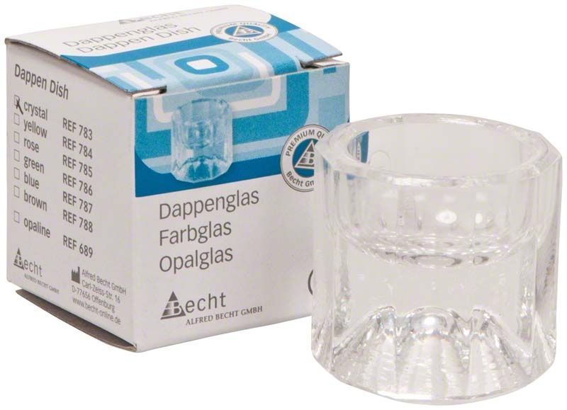 Dappenglas Buntglas klar mit zehnkantiger Form und Verpackung.