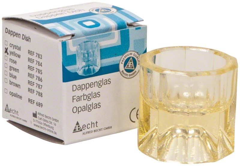 Dappenglas Buntglas gelb mit zehnkantiger Form vor Verpackung.