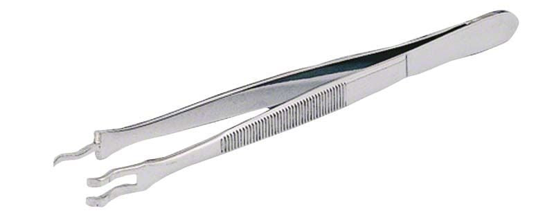 Instrumentengreifpinzette mit übereinandergreifenden Spitzen für Dentalinstrumente.